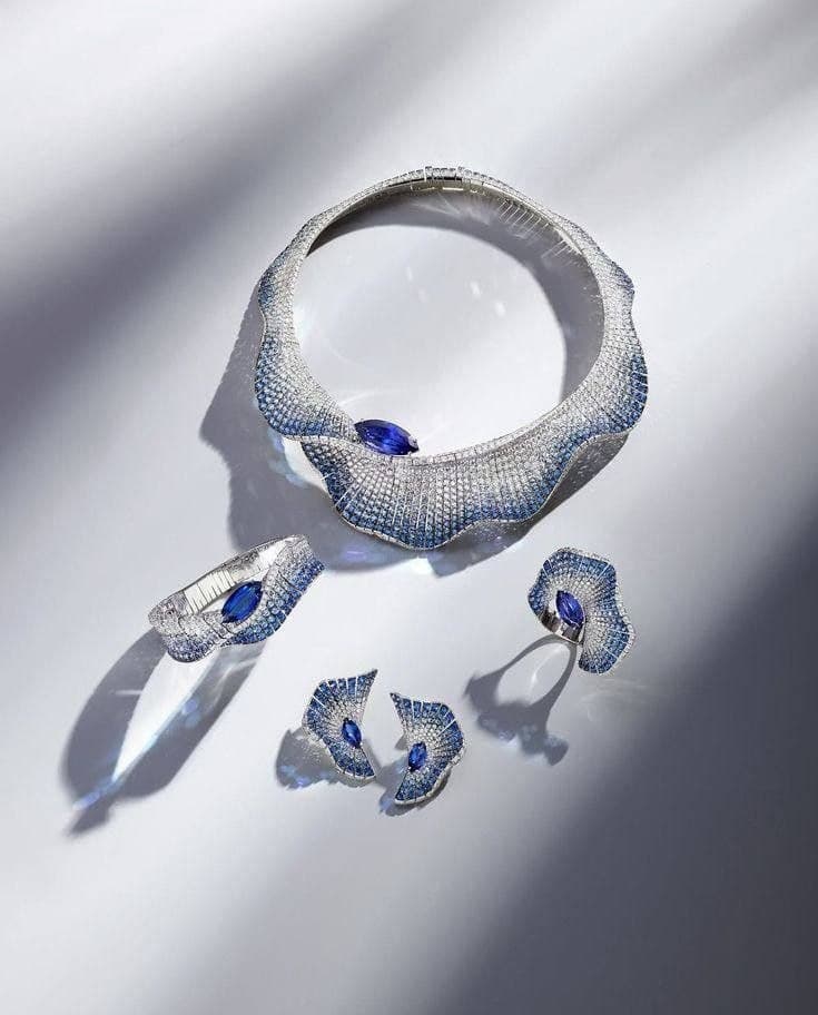 Sapphire parure on white satin